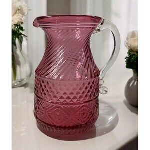VTG Creamer Pitcher Pressed Glass Cranberry Rose Applied Handle Art Deco MCM